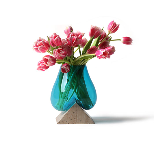 Travertine Marble Base with Melted Glass Vase - ZoyaStones